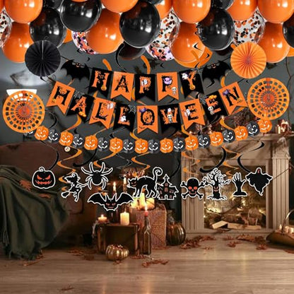 Happy Halloween Trick or Treat Banner Paper Fan Balloons & Swirl Streamers Goul Bat Cat Bird Ghost Pumpkin Lantern for Party Decorations