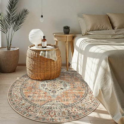 Lahome Oriental Washable Round Rugs, Non-Slip Round Rug 4ft Ultra-Thin - color: Terracotta, size: 4'(Round)