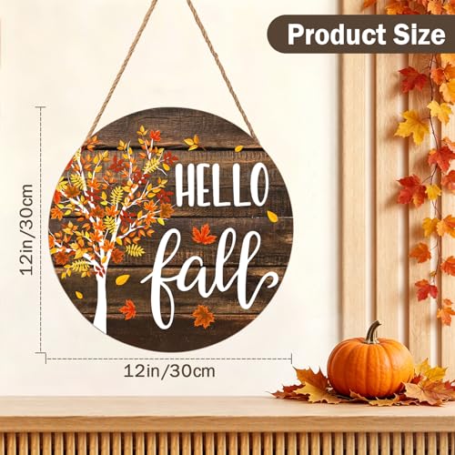 Hello Fall Wreath for Front Door Fall Tree Welcome Door Sign 12x12 Inch Autumn Maple Leaves Wood Door Hanger Farmhouse Thanksgiving Hanging Plaque for Home Porch Wall Indoor Outdoor Decorations - color: Hello Fall Maple Tree