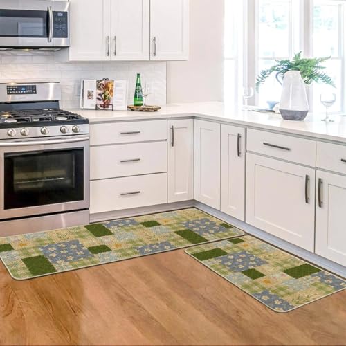 Artoid Mode Check Pattern Flowers Floral Spring Kitchen Mats Set of 2, Home Decor Low-Profile Kitchen Rugs for Floor - 17x29 and 17x47 Inch