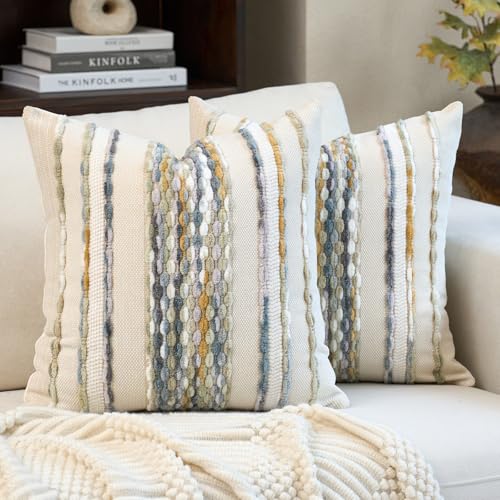 Aeckself Boho Pillow Covers 18x18 Inch Set of 2, Farmhouse Decorative Striped Square Chenille Tufted Accent Neutral Throw Pillow Covers for Living Room Couch Bed, Gray Blue - color: Gray Blue