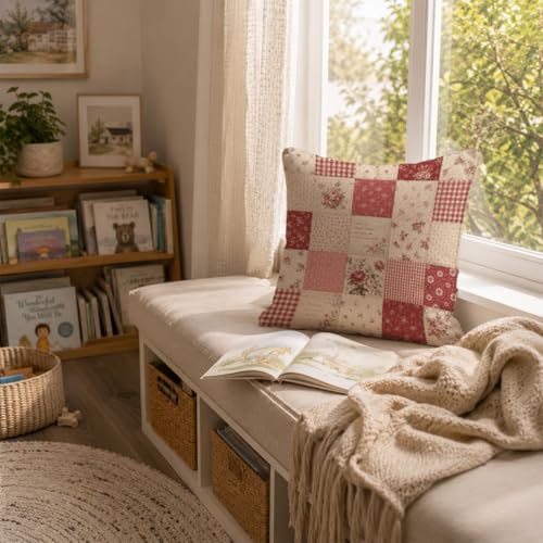Shabby Chic Rose Patchwork Throw Pillow Cover 18x18 - color: Red