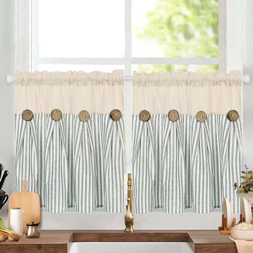 ASPMIZ Farmhouse Kitchen Curtains 24 Inch Length, Green Stripe, 2 Panels - color: Beige&green, size: 26"W x 24"L (Pack of 2)