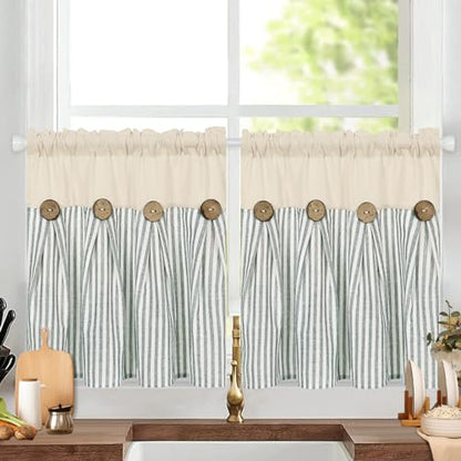 ASPMIZ Farmhouse Kitchen Curtains 24 Inch Length, Green Stripe, 2 Panels - color: Beige&green, size: 26"W x 24"L (Pack of 2)