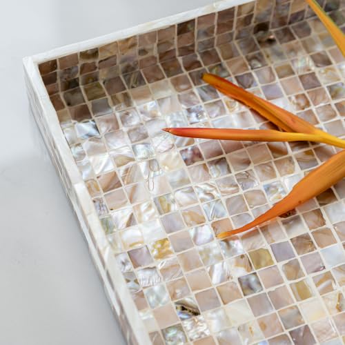 PEMAR Mother of Pearl Tray 15.7x11.8 Rectangle Handcrafted Serving Tray - color: Artisan Brown Mosaic