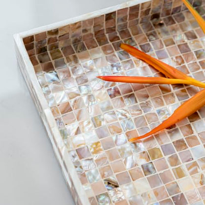 PEMAR Mother of Pearl Tray 15.7x11.8 Rectangle Handcrafted Serving Tray - color: Artisan Brown Mosaic