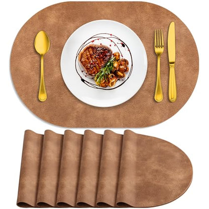 ADRIMER Oval Placemats Set of 6, Wipeable Faux Leather, Sandy Light Brown - color: Sandy Light Brown
