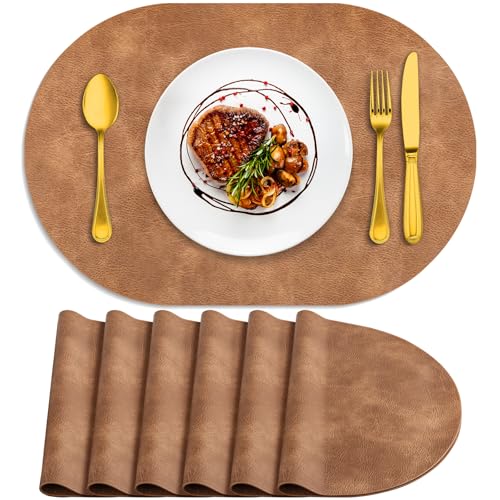 ADRIMER Oval Placemats Set of 6, Wipeable Faux Leather, Sandy Light Brown - color: Sandy Light Brown