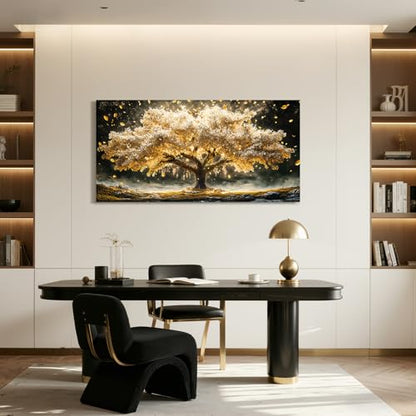 crmotu Modern Oversized Wall Art, Golden Tree Landscape Pictures 29"x57" - color: Gold and Ivory, size: 57"L x 29"W