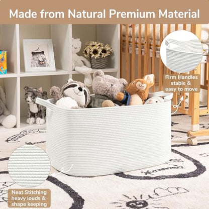 Goodpick Large Woven Rope Blanket Basket, Rectangle, White, 75L - color: White, size: Large(21.6"L x 14.9"W x 11.8"H)