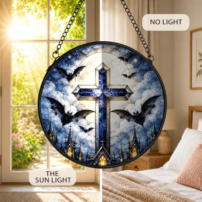 Gothic Cross Bat Moon Stained Glass Window Hanging Decor 575XT-BLGH - color: Crucifix-12