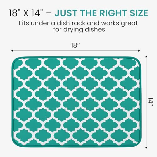 Dish Drying Mat for Kitchen Counter, Large 18 x 14 Absorbent Microfiber Pad - color: Teal Green Trellis