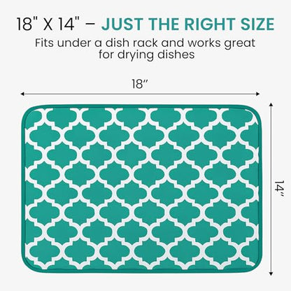 Dish Drying Mat for Kitchen Counter, Large 18 x 14 Absorbent Microfiber Pad - color: Teal Green Trellis