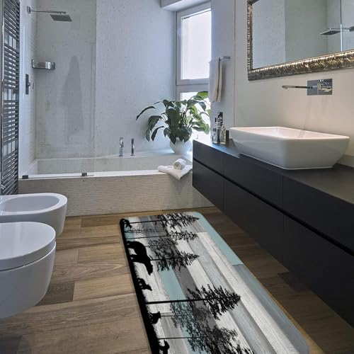 Rustic Bear Bathroom Rugs Cabin Retro Wooden Board Tree Forest Farmhouse Country Camping Hunting Nature Safari Wild Animal Bath Mat Bedroom Kitchen Toilet Floor Doormat 24x47 - color: Blue, size: 24x47