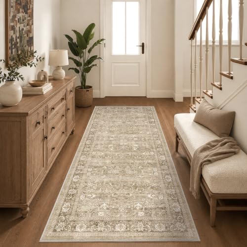 3x7 Washable Kitchen Runner Rug Non-Slip Vintage Khaki Throw Carpet - color: Accent | Beige Khaki, size: 3' x 7' (Runner)