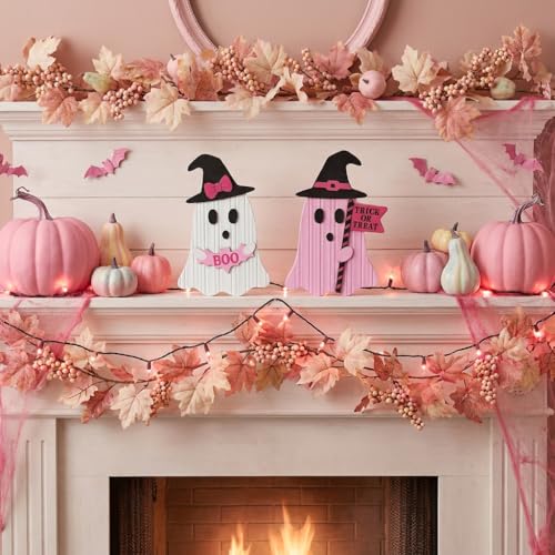 Valery Madelyn Pink Halloween Decor, Set of 2 Cute Halloween Ghost Decor, Witch Hat Boo & Trick or Treat Wooden Tabletop Signs for Home, Shelf, Tiered Tray Party Display, 7 Inch - size: Large