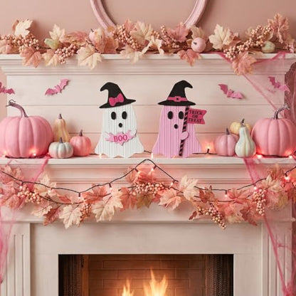 Valery Madelyn Pink Halloween Decor, Set of 2 Cute Halloween Ghost Decor, Witch Hat Boo & Trick or Treat Wooden Tabletop Signs for Home, Shelf, Tiered Tray Party Display, 7 Inch - size: Large