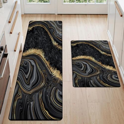 Kitchen Mats Set of 2, Cushioned Anti Fatigue Non Slip Waterproof Runner, Black Marble and Golden Veins Design, PVC Memory Foam for Kitchen Sink and Laundry - color: Black Marble 2