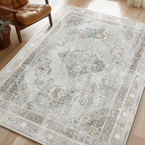 Phantoscope Washable Area Rug 4'x6' Non-Slip, Vintage Neutral Rugs for Living Room, Bedroom, Dining Room, Distressed Boho Medallion Pattern, Low-Pile Foldable Floor Carpet, Silver Grey/Taupe - color: Silver Grey/Taupe, size: 4' x 6' (Rectangular)