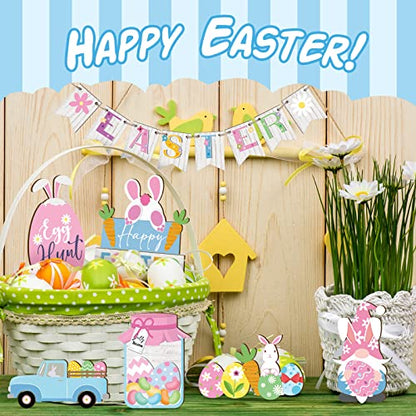 Marsui Easter Tiered Tray Decor Happy Easter Tiered Tray Ornament Rustic Farmhouse Spring Sign Bunny Truck Gnome Egg Wooden Sign for Home Table Decor(Cute) - style: Cute