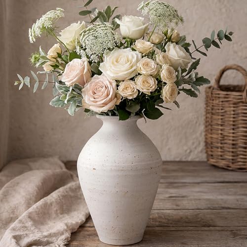 Ceramic Flower Vase with Handles, 11.8 Inch Plain Tall Farmhouse Rustic Vintage Home Wabi-sabi Vase for Living Room, Table Centerpieces, Coffee Desk, Dining and Fireplace Decor - size: 11.8 Inches, style: Plain