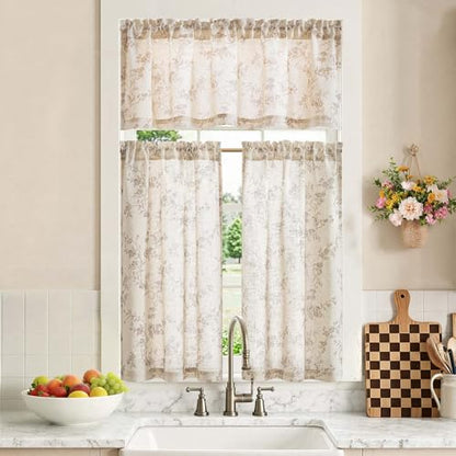 jinchan Taupe Linen Floral Kitchen Tier Curtains and Valance Set 3 Pieces - color: Alisa | Taupe on Linen, size: 26"W x 36"L (Pack of 3)
