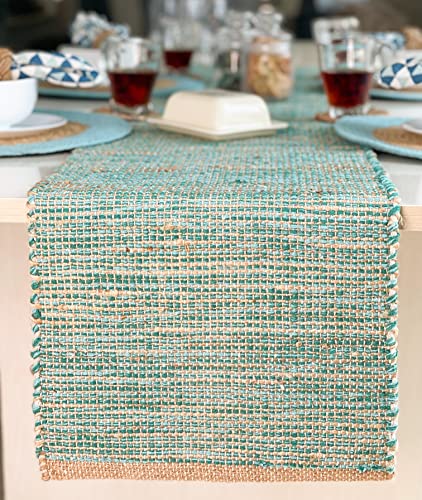 Chardin home Natural Jute Table Runner 13x72 Inch – Vintage Boho Rustic Table Decor – Handwoven Table Runner in Natural Jute and Aqua Turquoise – Farmhouse Dining or Console Table Accent - color: Natural Jute-aqua Turquoise, size: 13x72 Inch.