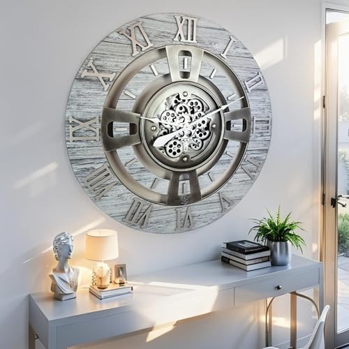 ImprovingLife The Gears Clock Real Moving Gear Wall Clock England Line (Silver Grey, 24 inches (60 cm)) - color: Silver Grey, size: 24 inches (60 cm)