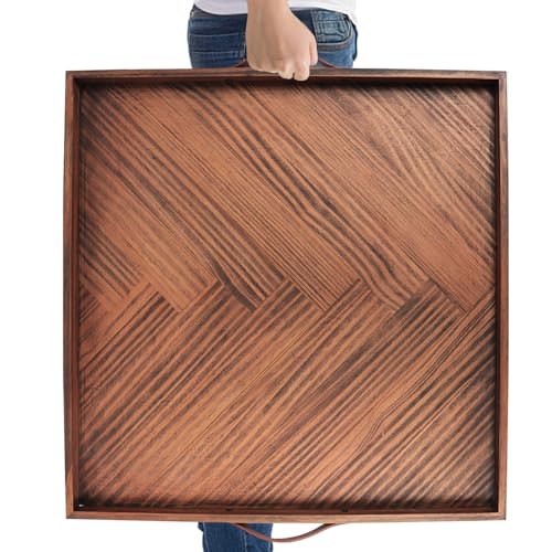 SXNOWS Wooden Serving Tray with Leather Handles, 24x24 in - size: 24" x 24" x 1.6"