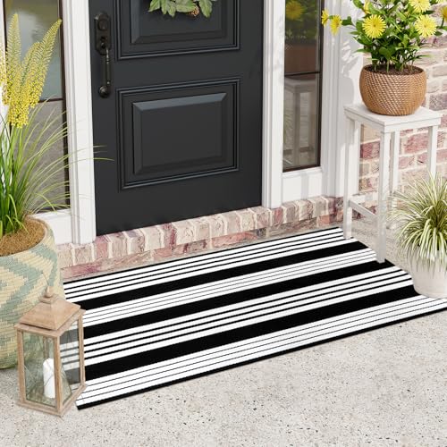 LEEVAN 2'X4.3' Black and White Striped Woven Cotton Reversible Outdoor Rug - color: Black Strip, size: 2' x 4'3"