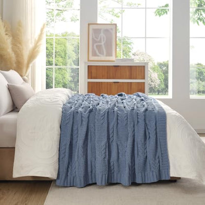 Amélie Home Chenille Knit Throw Blanket,Dusty Blue 50"x60" - color: Cable Dusty Blue, size: 50" X 60"