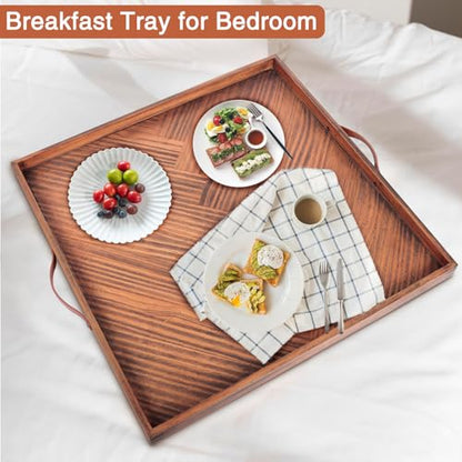 SXNOWS Wooden Serving Tray with Leather Handles, 24x24 in - size: 24" x 24" x 1.6"