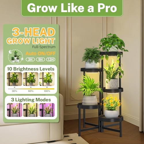 iDavosic.ly 5 Tier Folding Plastic Plant Stand Indoor, Grow Light, Black - color: Black with Light, size: 5 Tiers