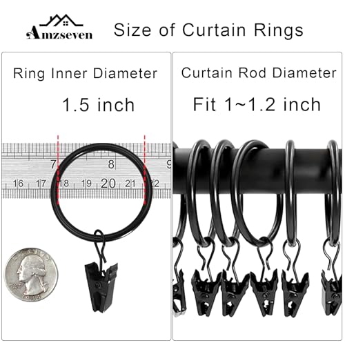 100 Pack Metal Curtain Rings with Clips, 1.5 in ID, Black - color: Black, size: 1.5" I D 100 Pack