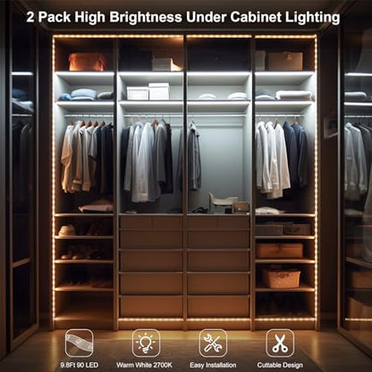 2 Pack 9.8Ft Battery Powered LED Strip Lights for Kitchen (Warm White) - color: Warm White