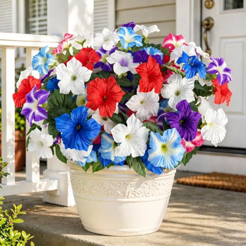 Uieke Artificial Flowers for Outdoors, 24PCS Fake Petunias Outdoor Artificial Plants UV Resistant, Morning Glory for Garden Patio Porch Yard Decor(7 Color) - color: Purple & Red & Blue & White