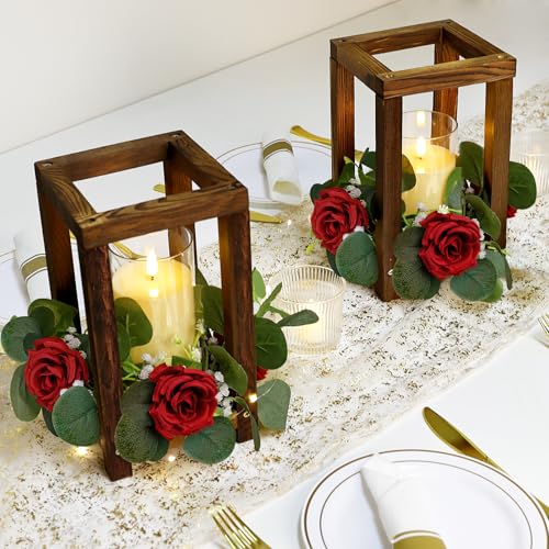 18 Pcs Wedding Wooden Lantern Centerpiece - color: Red, size: 6 Sets