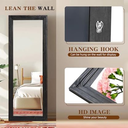 65x24in Full Length Mirror, 3-Tier Stepped Solid Wood Frame, Black - color: Black, size: 65"L x 24"W
