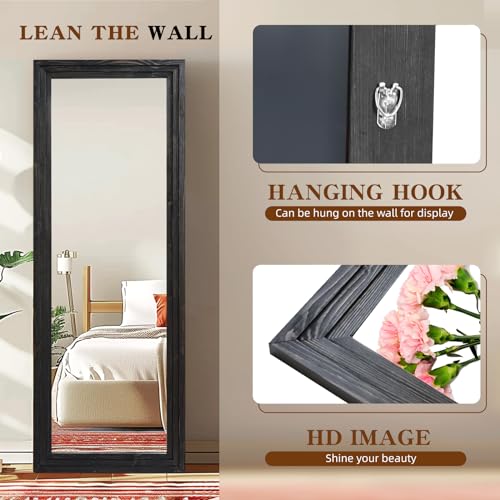 65x24in Full Length Mirror, 3-Tier Stepped Solid Wood Frame, Black - color: Black, size: 65"L x 24"W
