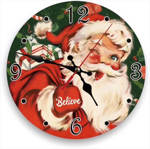 Vintage Santa Claus Silent Non Ticking Wall Clock 12 Inch, Battery Operated, Christmas Joy Round Wood Wall Clocks, Decorative for Living Room, Kitchen, Bedroom, Bathroom, Dining Room, Gifts - color: Vintage Santa Claus-christmas Green 1