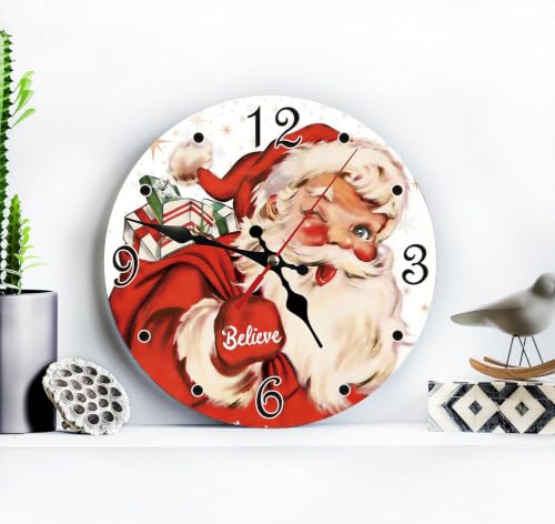 Vintage Santa Claus Silent Non Ticking Wall Clock 12 Inch, Battery Operated, Christmas Star Round Wood Wall Clocks, Decorative for Living Room, Kitchen, Bedroom, Bathroom, Dining Room, Gifts - color: Vintage Santa Claus-christmas White 1
