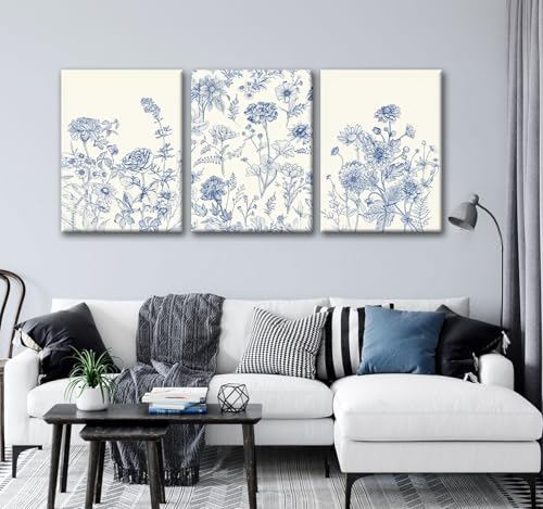 Blue Botanical Canvas Wall Art, 3 Piece Gallery Wrapped Set, 12x16 Inch - color: Blue flowers and grass, size: 12x16 inch