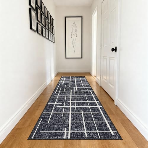 Modern Kitchen Runner Rug Non Slip 2.6x8, Washable Distressed Stripe, Hallway Runner, Woven Thin Low Pile Carpet Runners for Hallway 8ft Entryway, Kitchen, Walkway- Midnight Black - color: Striped-black/White, size: 2'7" x 8' (Runner)