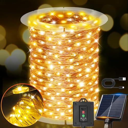 KNONEW 203FT 600LED Solar Fairy String Lights Outdoor Warm White 8 Modes - color: Warm White, size: Solar 200FT 600 LED Copper-colored wire