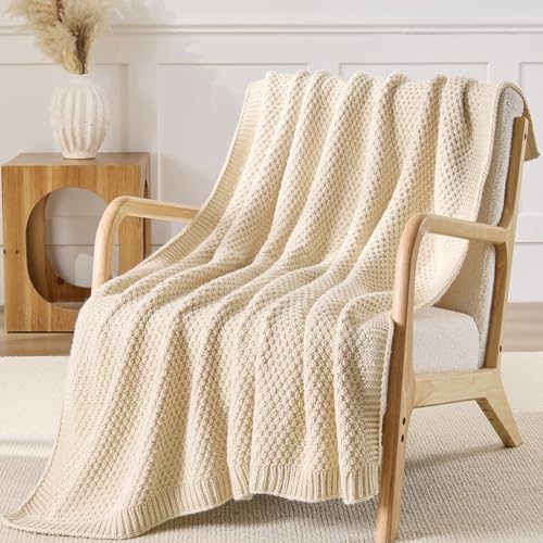 Beige Throw Blanket, Moss Knit, 60" x 80", Ivory Beige - color: Moss-beige, size: 60"x80"