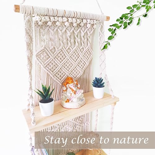 Macrame Wall Hanging Shelf 3 Tier Boho Wall Plant Hanger Shelves, Handmade of Woven Rope Boho Shelves Organizer for Living Room Bathroom Home Storage Floating Plant Rack Bohemian décor - size: Tier 3