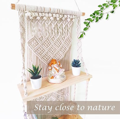 Macrame Wall Hanging Shelf 3 Tier Boho Wall Plant Hanger Shelves, Handmade of Woven Rope Boho Shelves Organizer for Living Room Bathroom Home Storage Floating Plant Rack Bohemian décor - size: Tier 3