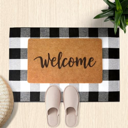 2-Piece Front Door Mat Set, Coir Welcome Mat & Black White Plaid Mat - color: Black and White