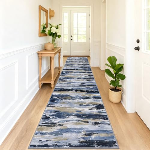 Abstract Washable Runners for Hallway 3x18 Runner Rug Non Slip - color: Navy / Blue / Taupe, size: 3' x 18' (Runner)