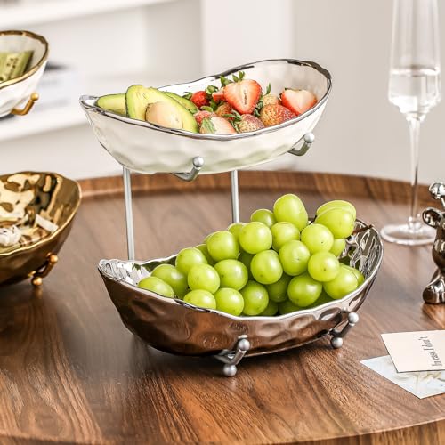 2-Tier Fruit Bowls for Kitchen Counter,Ceramic Bowl with Silver Metal Stand,2 Tier Fruit Basket for Fruit,Snack,Cake,Nuts,Dessert Space Saving Storage - color: Silver